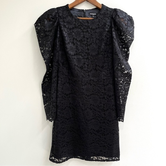 Express Lace Puff Sleeve Fit And Flare Dress Black Size Small - Picture 4 of 12
